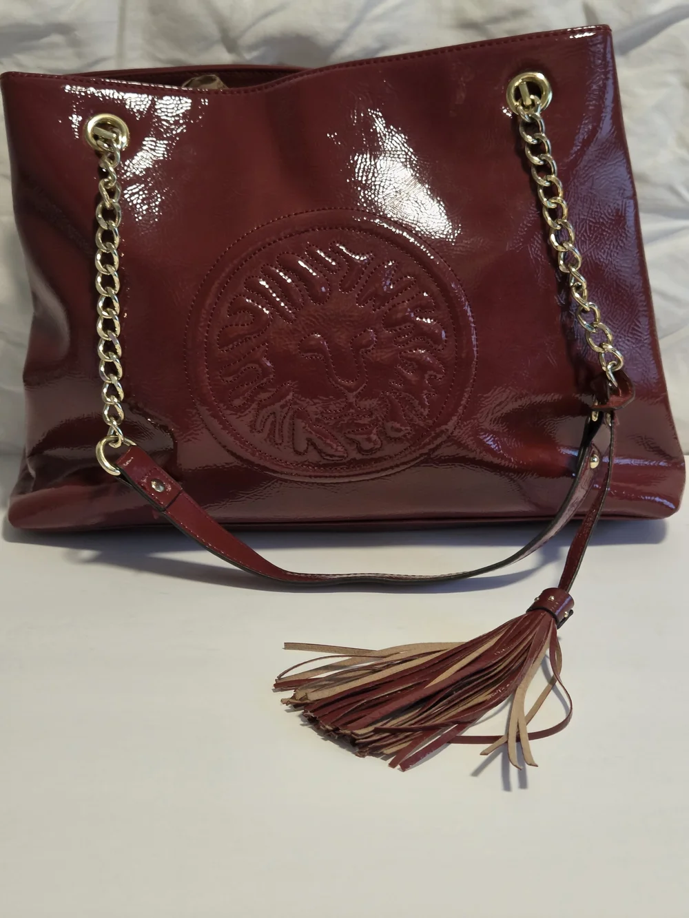 👜 Anne Klein Burgundy Patent Leather Chain Tote | Glossy Statement Shoulder Bag